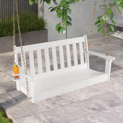 54 Inch HDPE Patio Porch Swing with Cup Holder, White - Gallery Canada