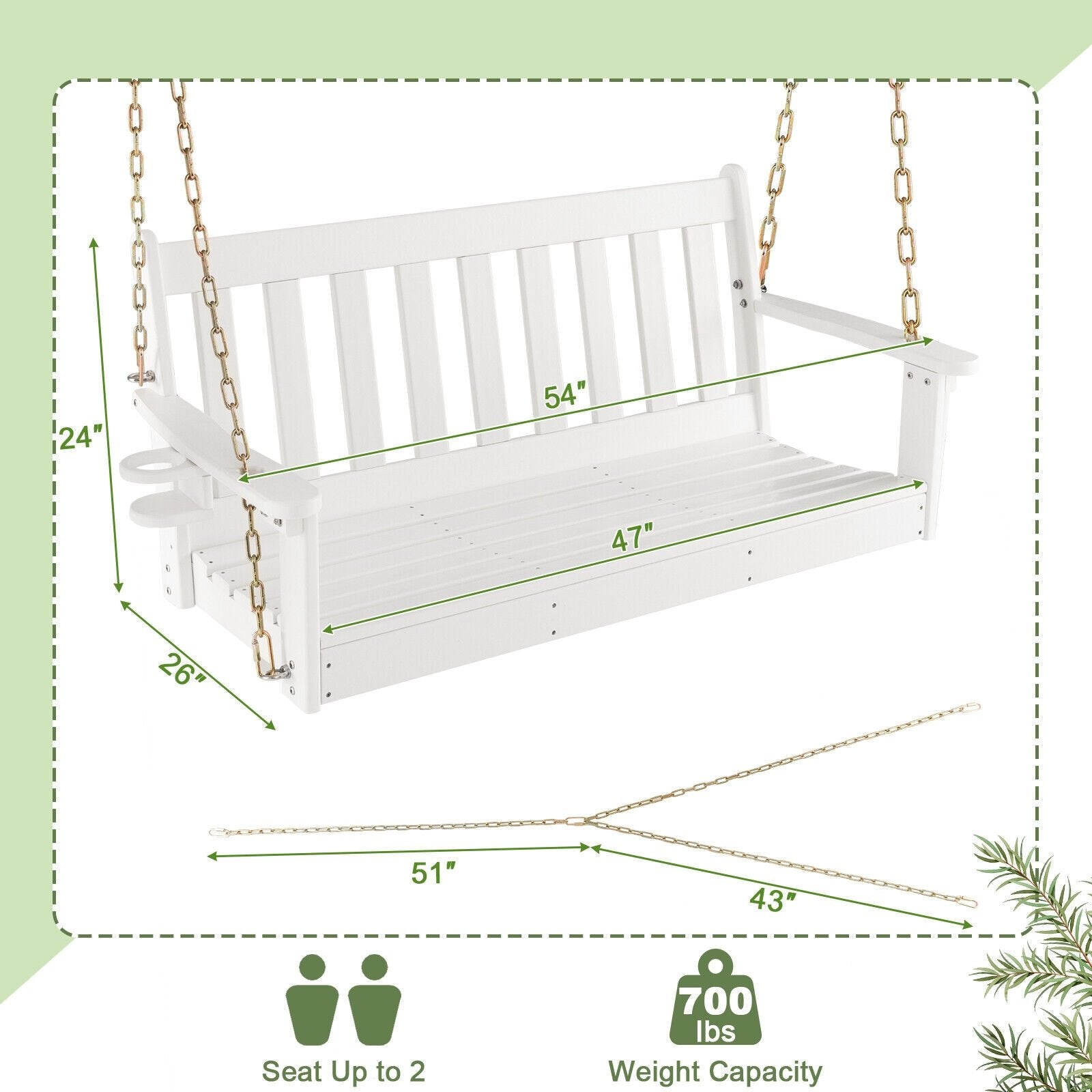 54 Inch HDPE Patio Porch Swing with Cup Holder, White - Gallery Canada