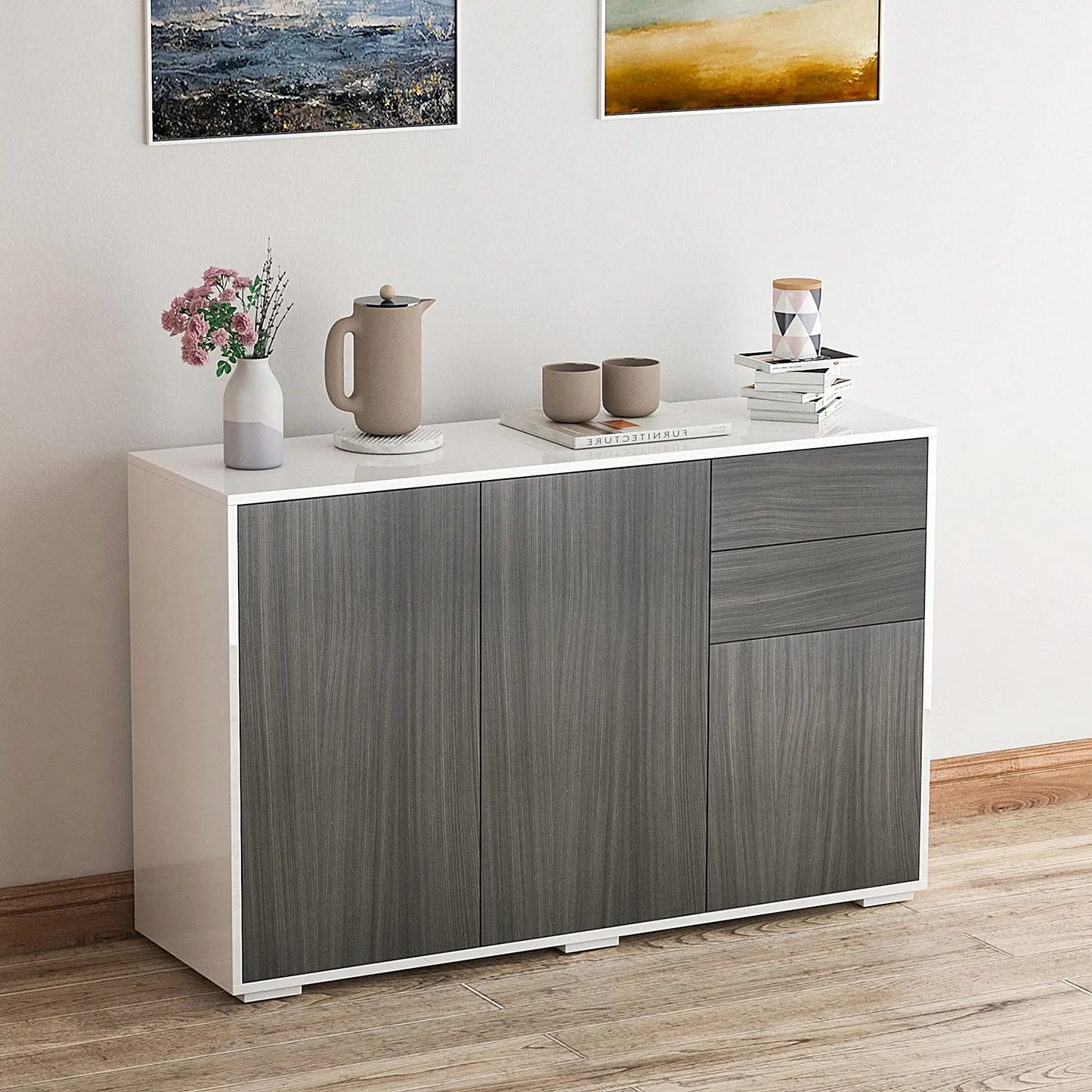 Modern Kitchen Sideboard, Coffee Bar with 2 Drawers, Light Grey Kitchen Pantry Cabinets at Gallery Canada