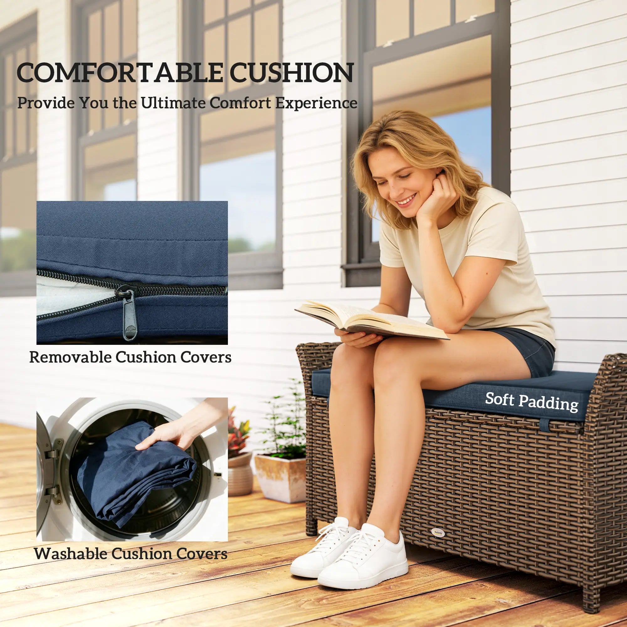 29 Gallon Wicker Deck Box, Outdoor Storage Bench, Navy Blue Patio Storage Boxes at Gallery Canada