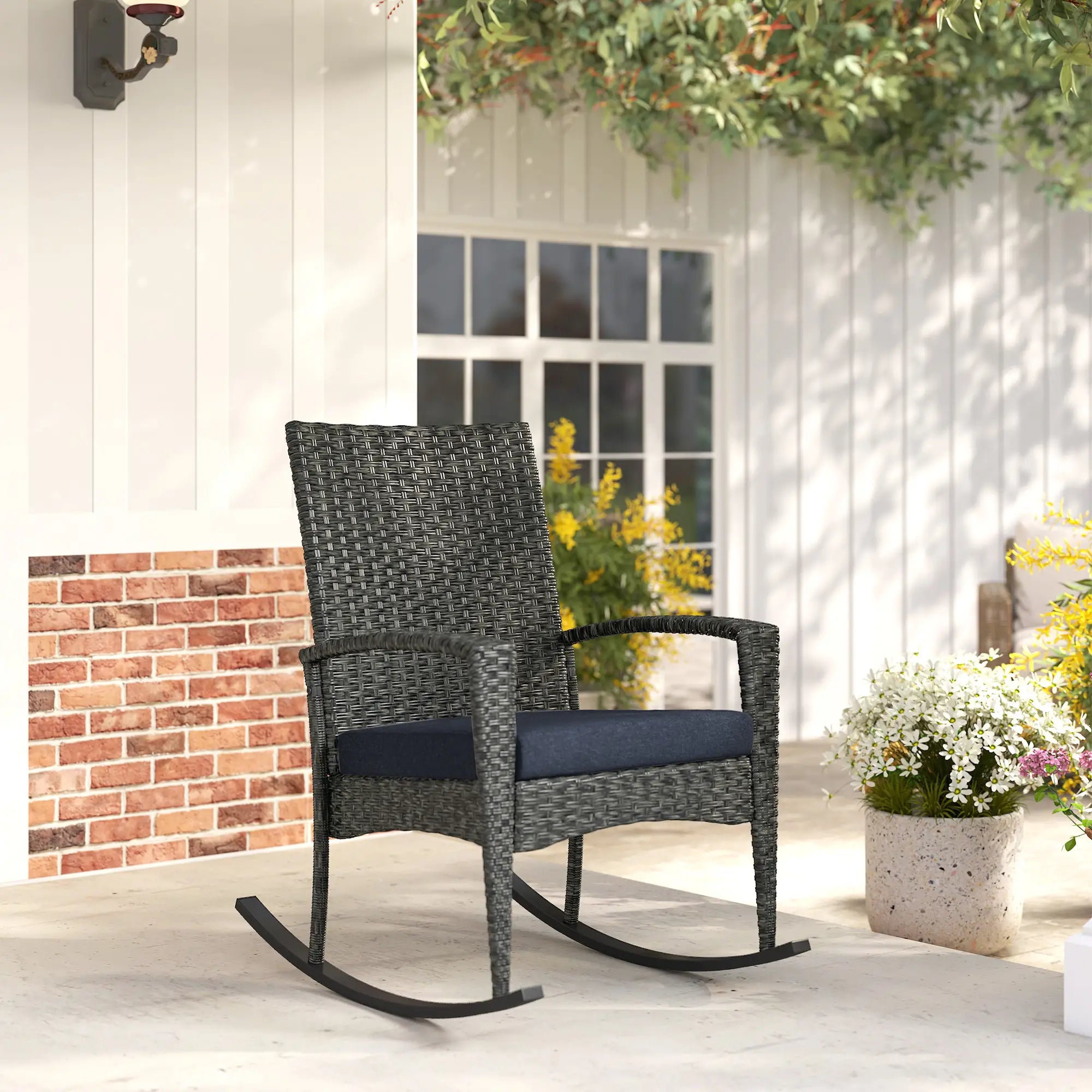 Outdoor Rocking Chair, Patio Wicker Chair, Removable Cushion, Navy Blue Outdoor Rocking Chairs at Gallery Canada