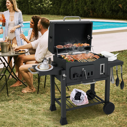 24-Inch Barrel Charcoal Grill with 2 Folding Side Tables and 544 sq.in Cooking Area, Black Outdoor Grills at Gallery Canada