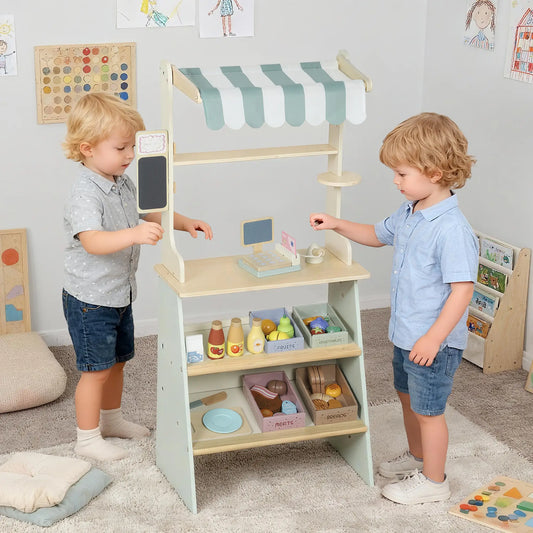 Kids Grocery Store Playset, Toy Set with Cash Register, Chalkboard, Food Toy Playsets Light Green, Beige, Natural Wood at Gallery Canada
