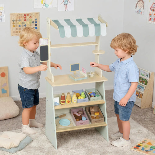 Kids Grocery Store Playset, Toy Set with Cash Register, Chalkboard, Food