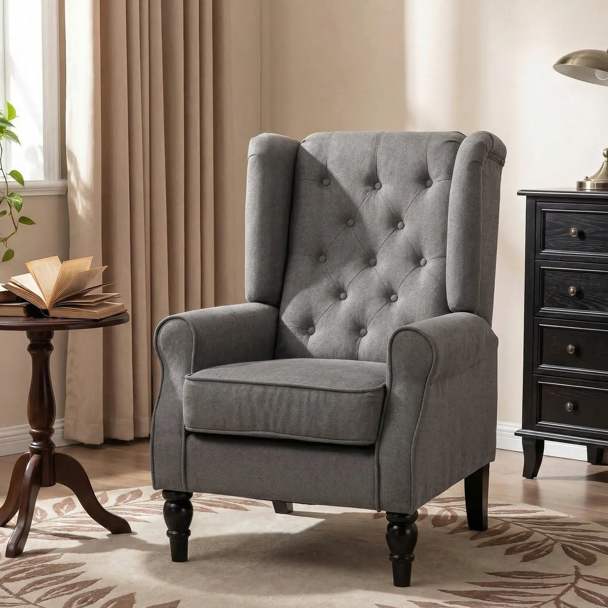 Fabric Accent Chair, Button Tufted, Wood Legs, Thick Padding, Charcoal Grey Accent Chairs at Gallery Canada