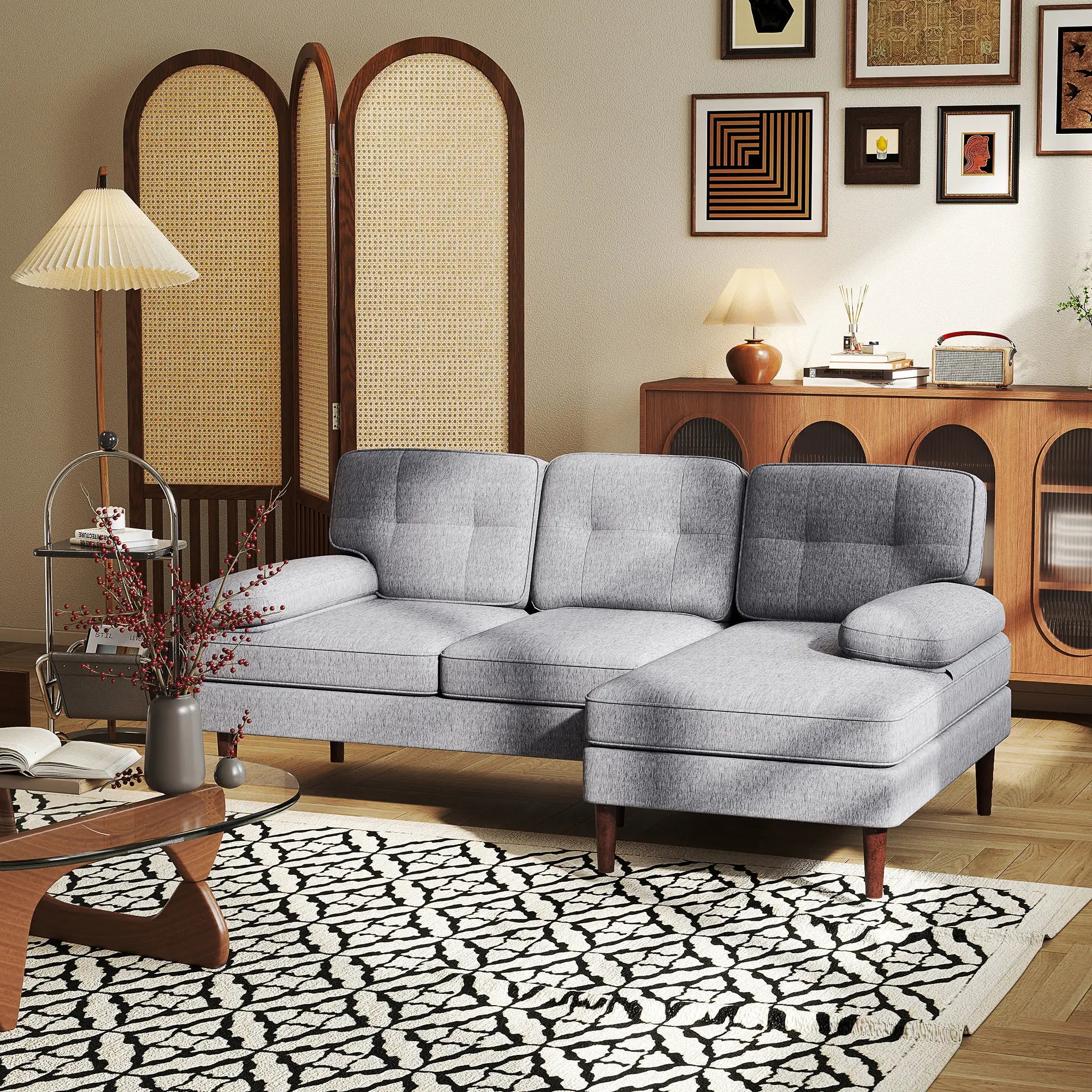 Modern Corner Couch with Right Chaise Lounge, Tufted 3-Seater Sofa with Wooden Legs for Living Room, Grey 3-Seater Sofas at Gallery Canada