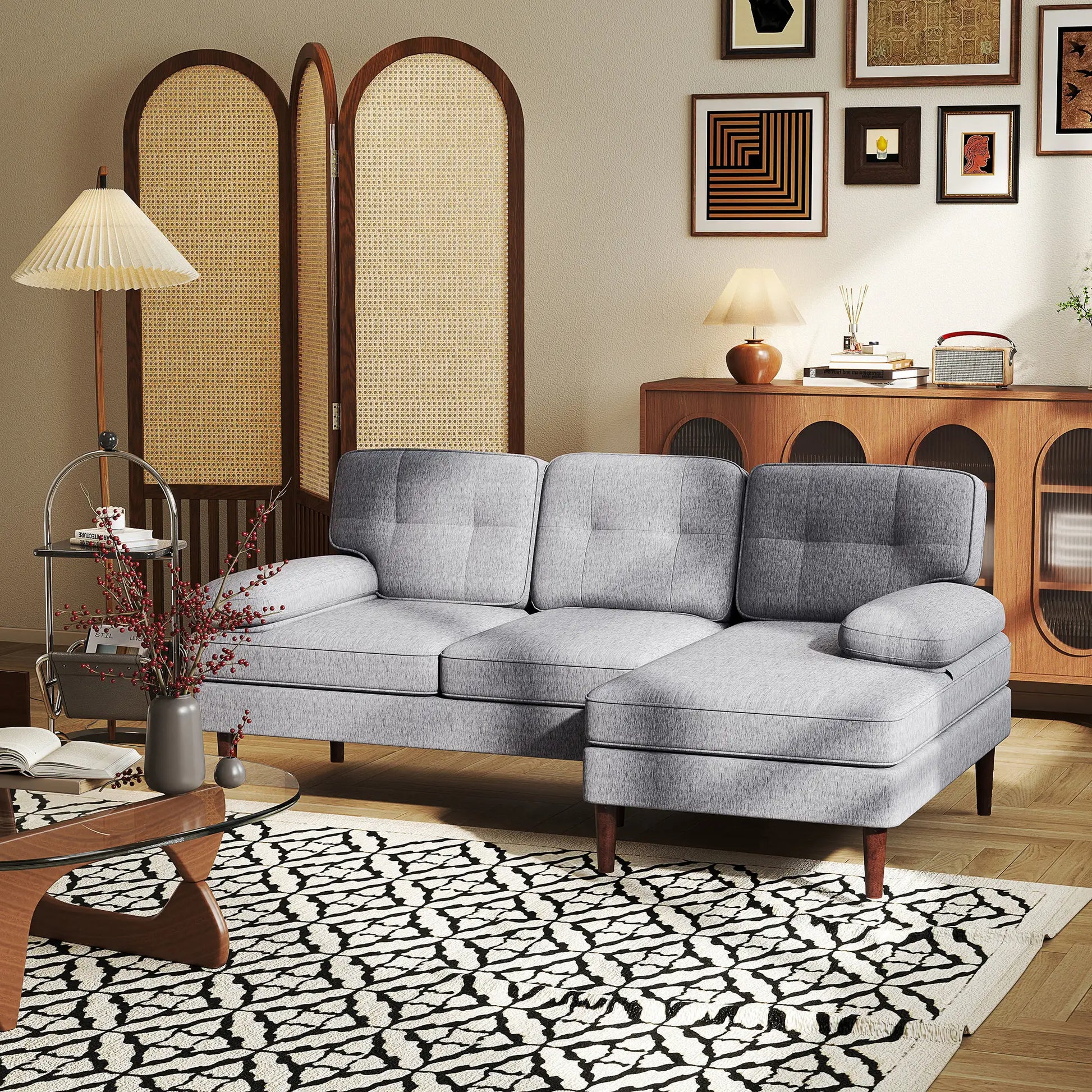 Modern Corner Couch with Right Chaise Lounge, Tufted 3-Seater Sofa with Wooden Legs for Living Room, Grey 3-Seater Sofas at Gallery Canada