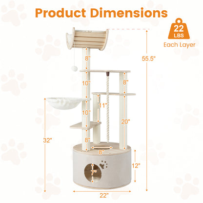 55.5 Inches Tall Wooden Cat Tree with Washable Plush Cushions for Indoor Cats Cat Trees Condos & Scratchers at Gallery Canada