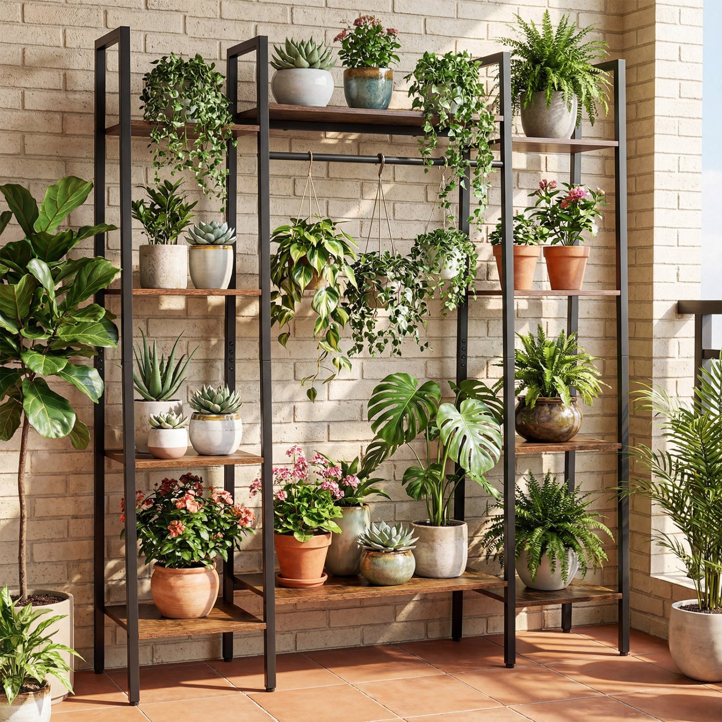 10-Tier Plant Stand With LED Lights, 55.5 Inch, Rustic Brown