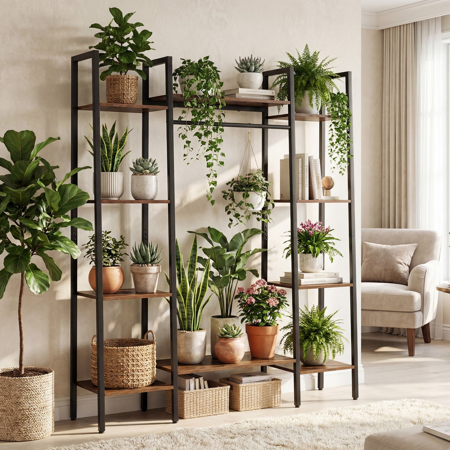 10-Tier Plant Stand With LED Lights, 55.5 Inch, Rustic Brown