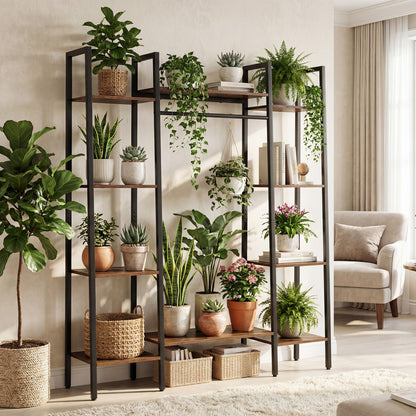 10-Tier Plant Stand With LED Lights, 55.5 Inch, Rustic Brown