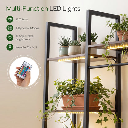 10-Tier Plant Stand With LED Lights, 55.5 Inch, Rustic Brown