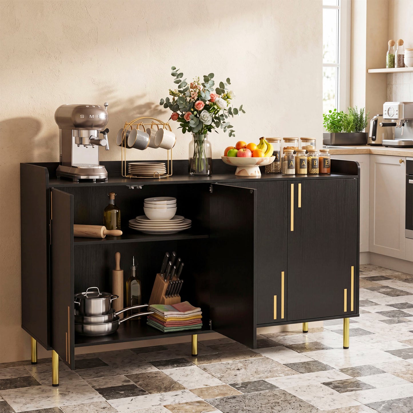 55" Buffet Cabinet with 4 Doors and 5 Metal Legs Modern Credenza, Black