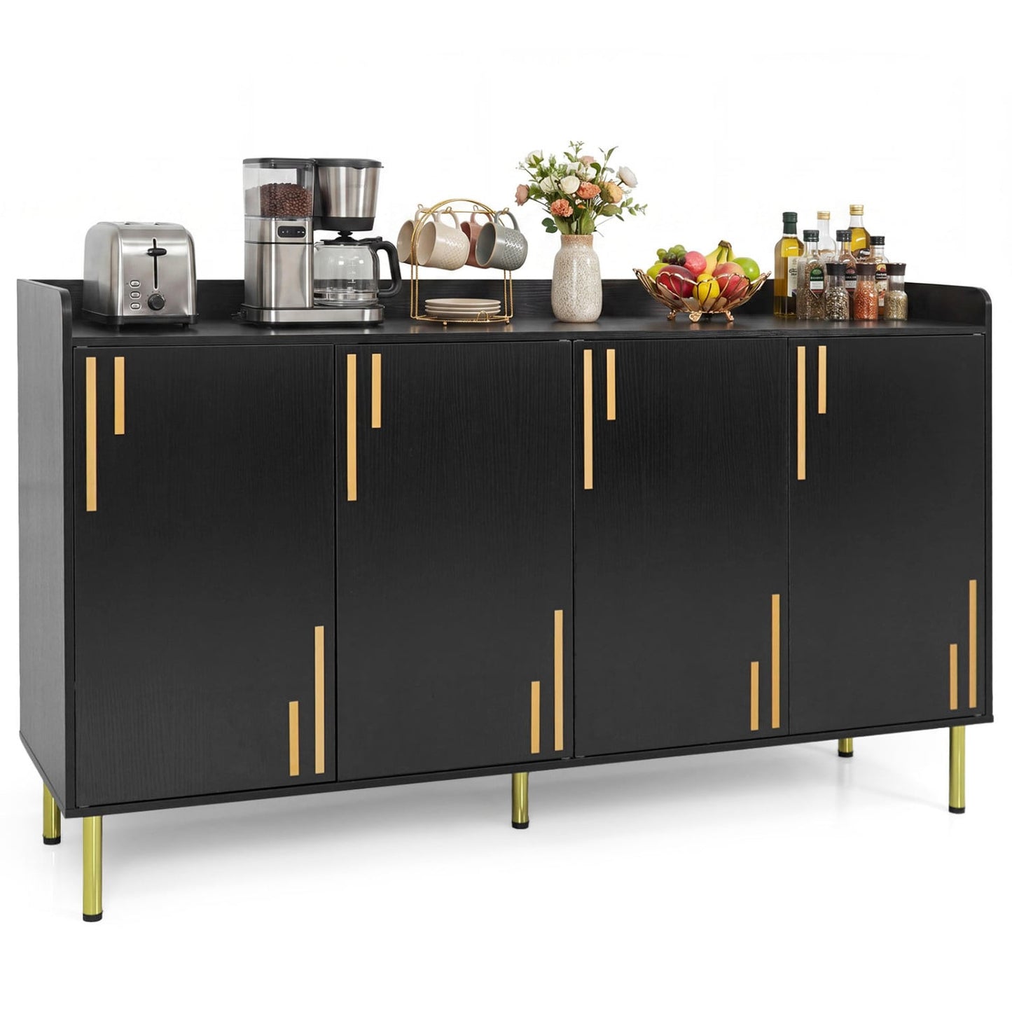 55" Buffet Cabinet with 4 Doors and 5 Metal Legs Modern Credenza, Black