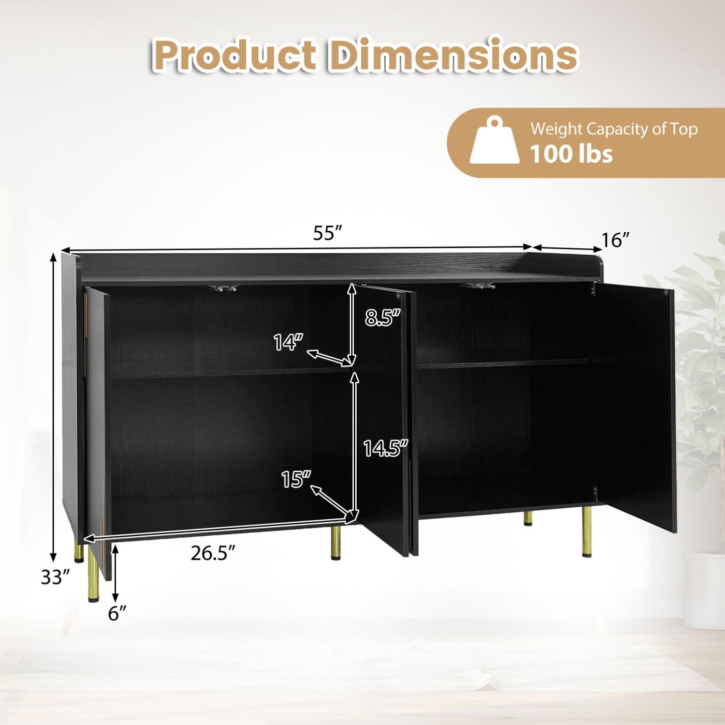 55" Buffet Cabinet with 4 Doors and 5 Metal Legs Modern Credenza, Black