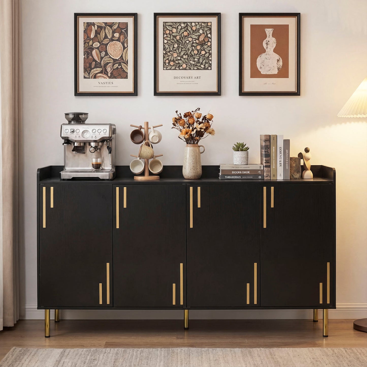 55" Buffet Cabinet with 4 Doors and 5 Metal Legs Modern Credenza, Black