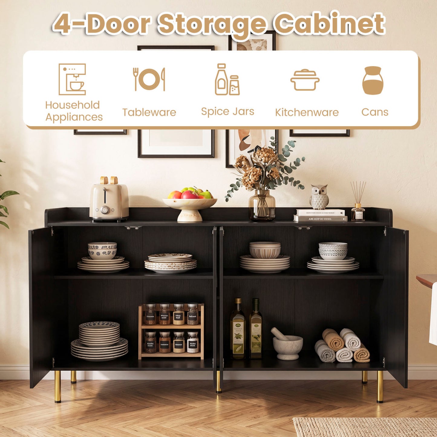55" Buffet Cabinet with 4 Doors and 5 Metal Legs Modern Credenza, Black