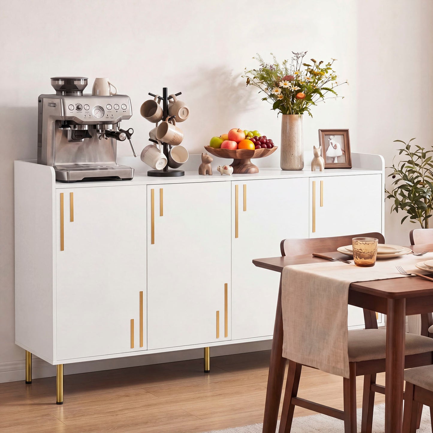 55" Buffet Cabinet, 4 Doors, Credenza, White