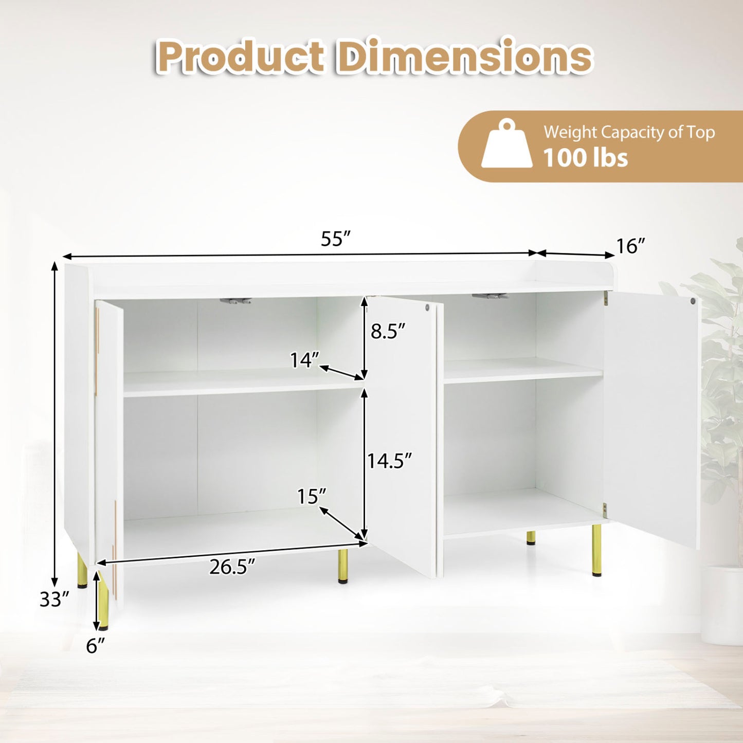 55" Buffet Cabinet, 4 Doors, Credenza, White