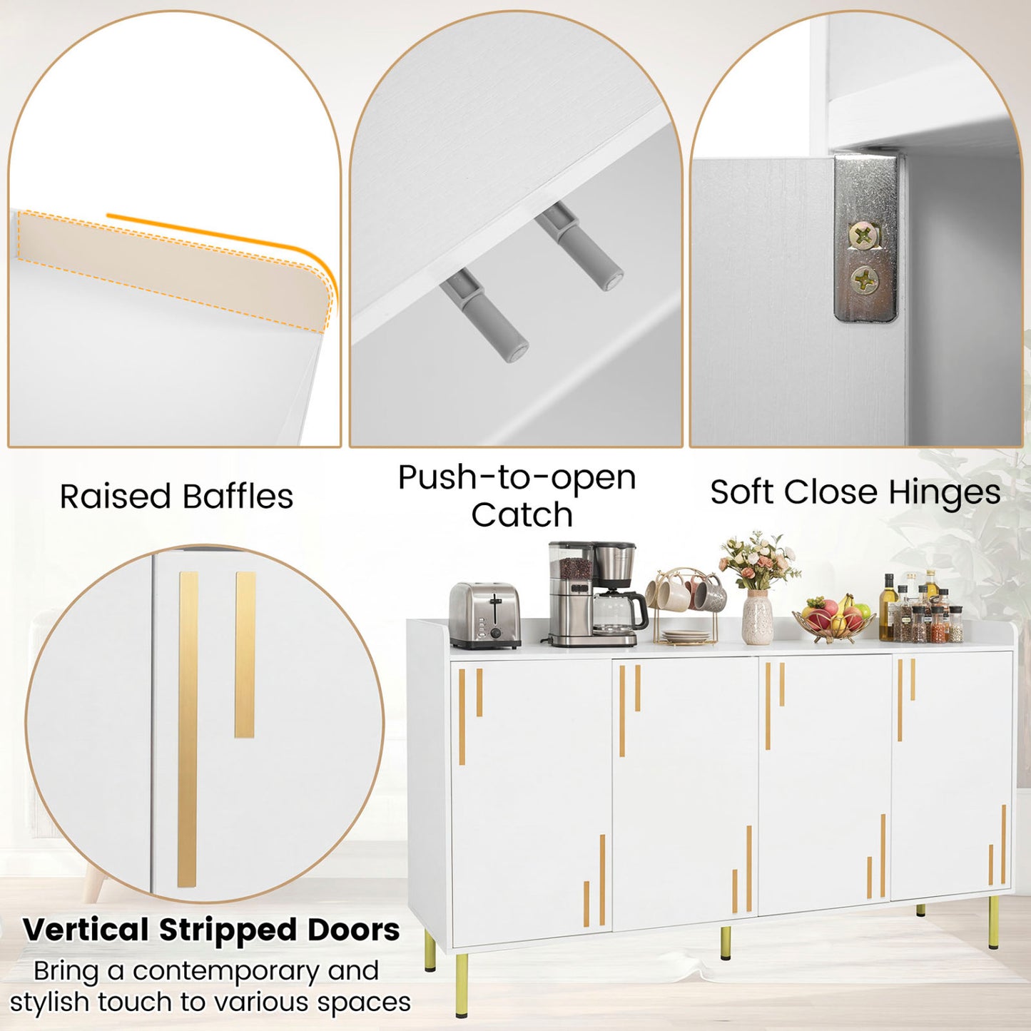 55" Buffet Cabinet, 4 Doors, Credenza, White