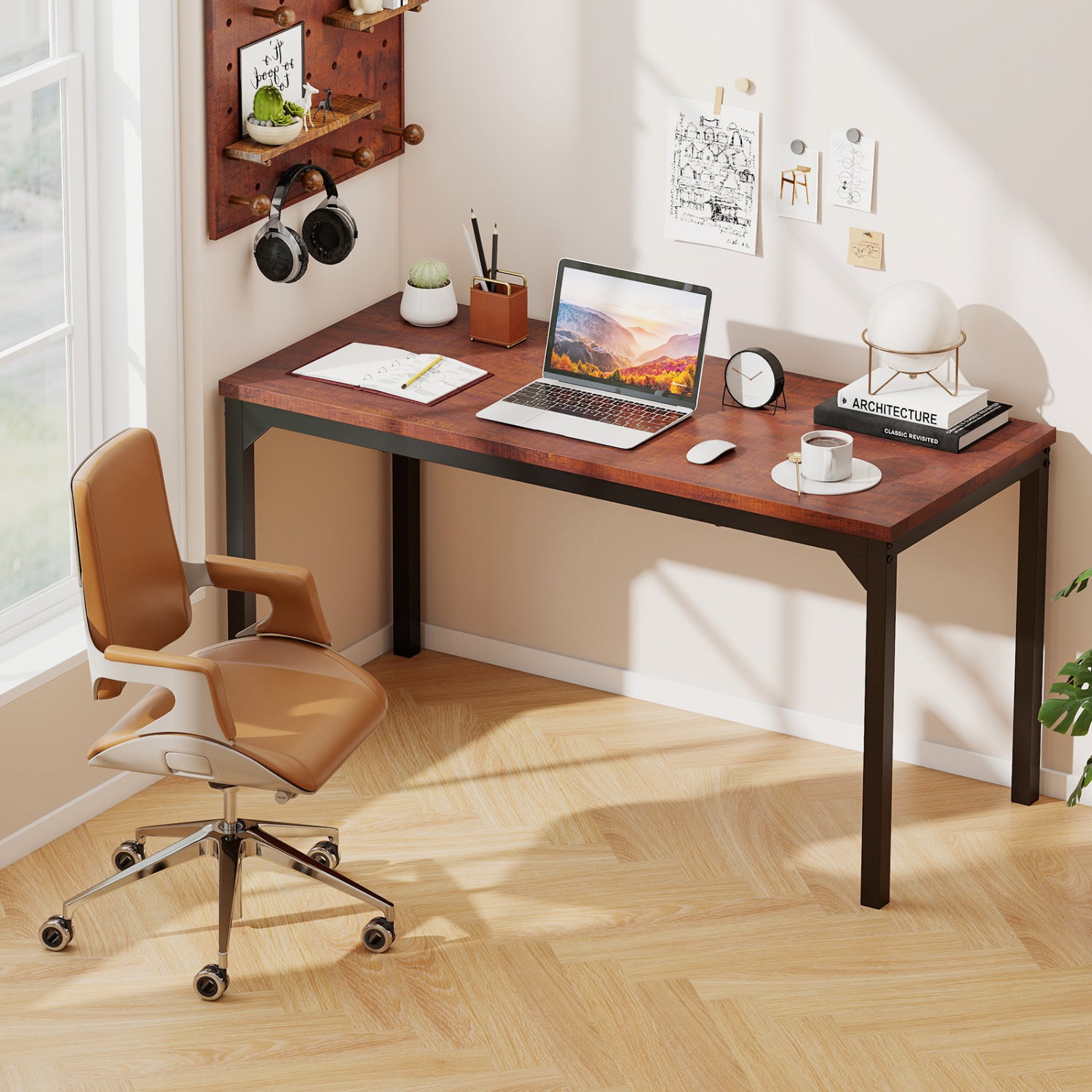 55 Inch Conference Table, Heavy-Duty Metal Frame, Brown Writing Desks at Gallery Canada