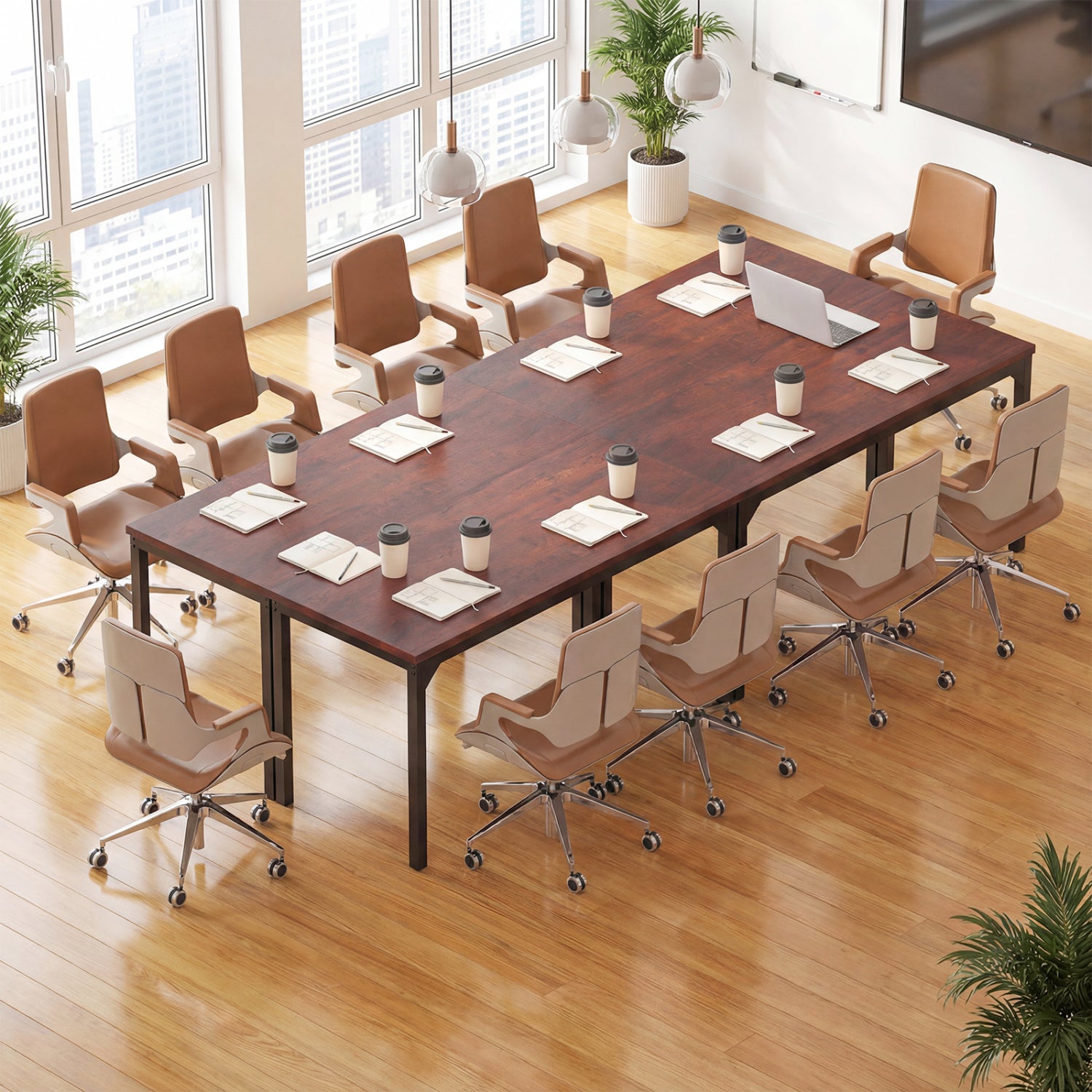 55 Inch Conference Table, Heavy-Duty Metal Frame, Brown Writing Desks at Gallery Canada