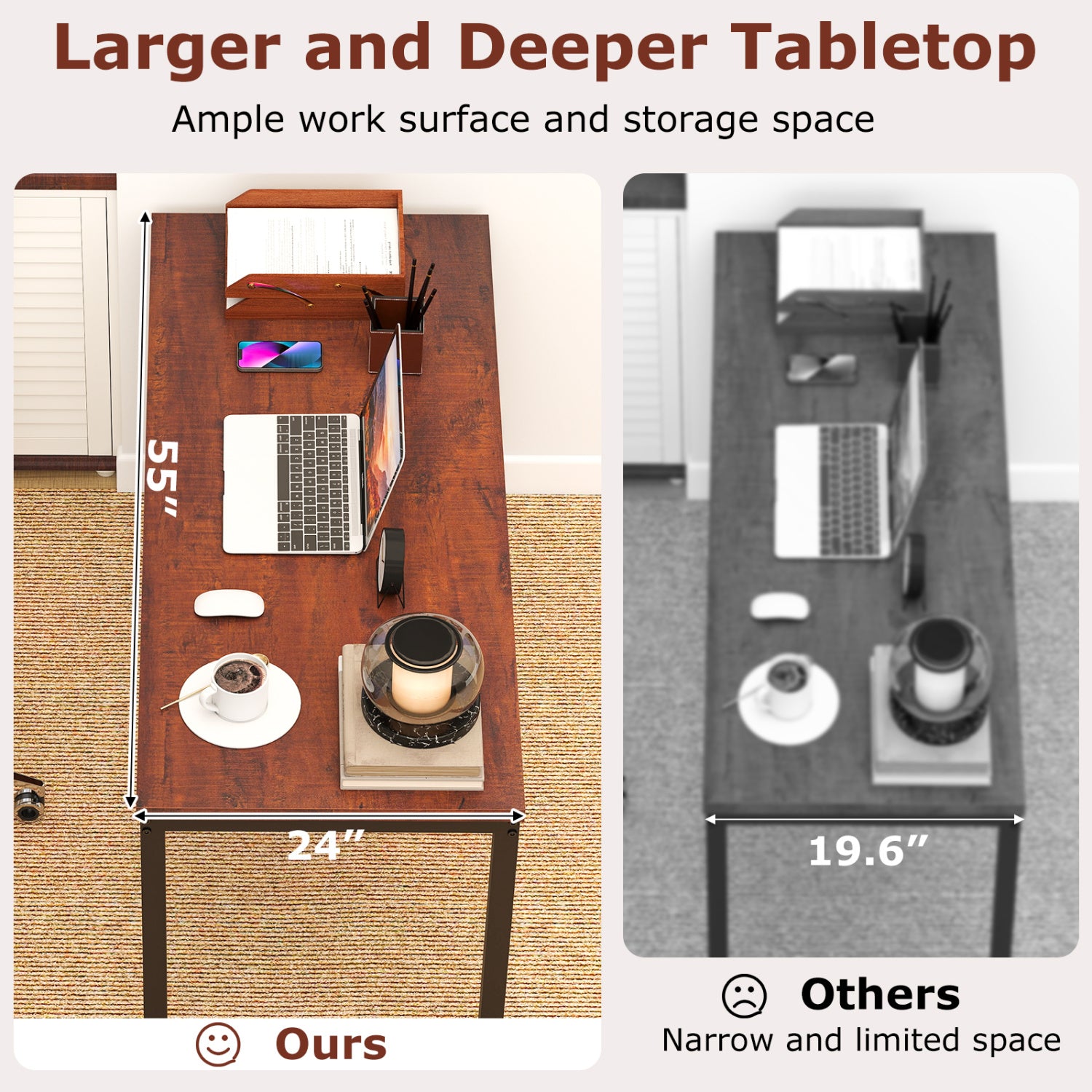 55 Inch Conference Table, Heavy-Duty Metal Frame, Brown Writing Desks at Gallery Canada