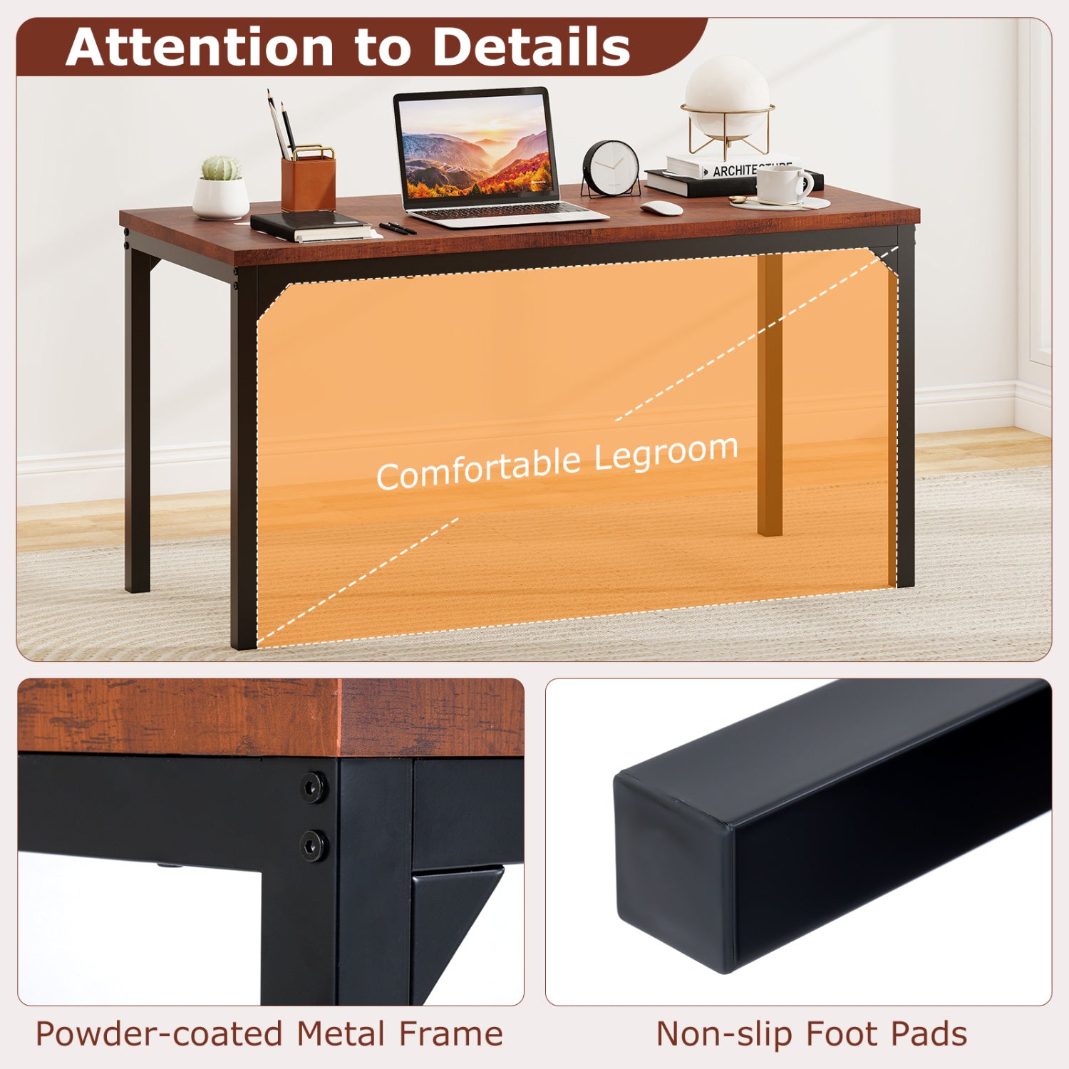 55 Inch Conference Table, Heavy-Duty Metal Frame, Brown Writing Desks at Gallery Canada