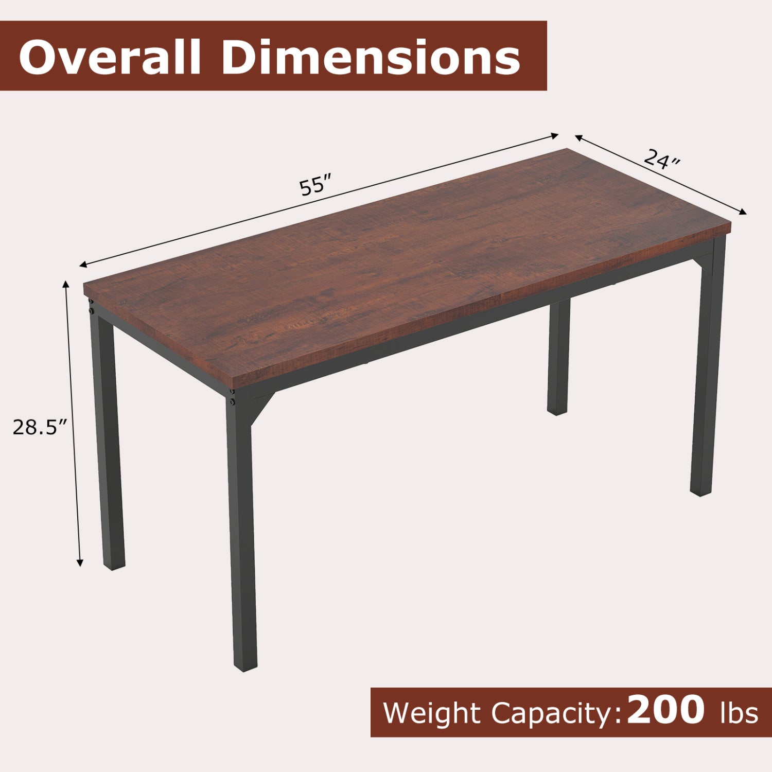 55 Inch Conference Table, Heavy-Duty Metal Frame, Brown Writing Desks at Gallery Canada