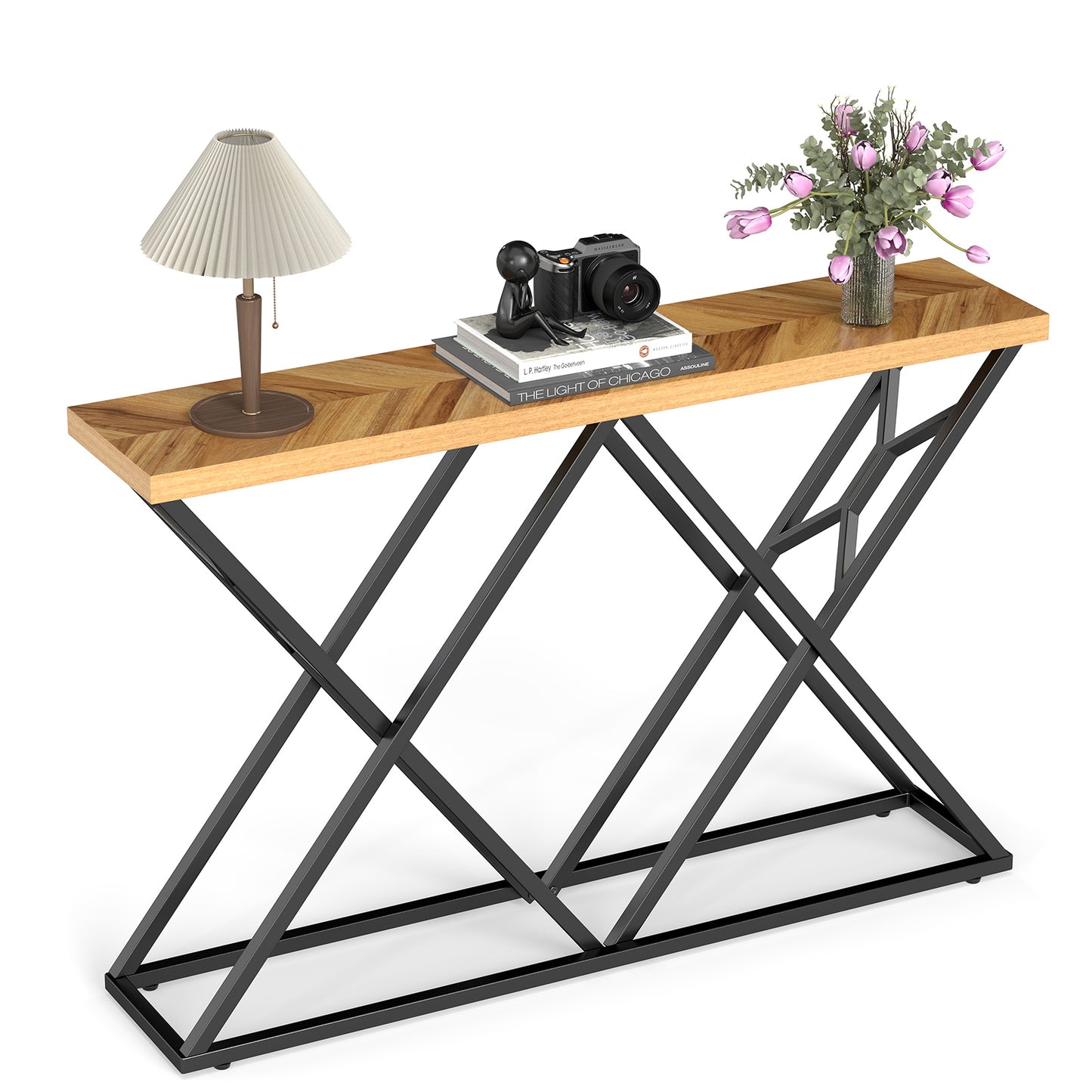 55 Inch Console Table with Solid Metal Frame and Storage, Wood Console Tables at Gallery Canada