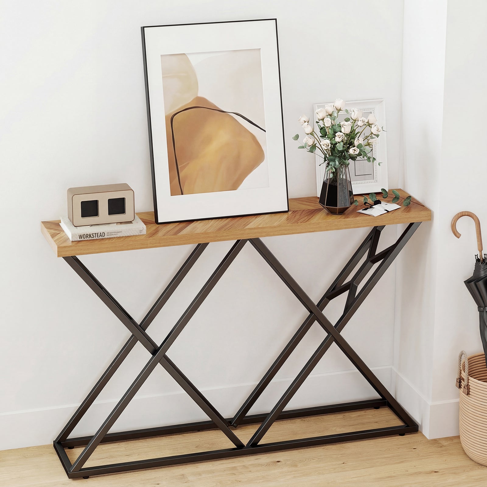 55 Inch Console Table with Solid Metal Frame and Storage, Wood Console Tables at Gallery Canada