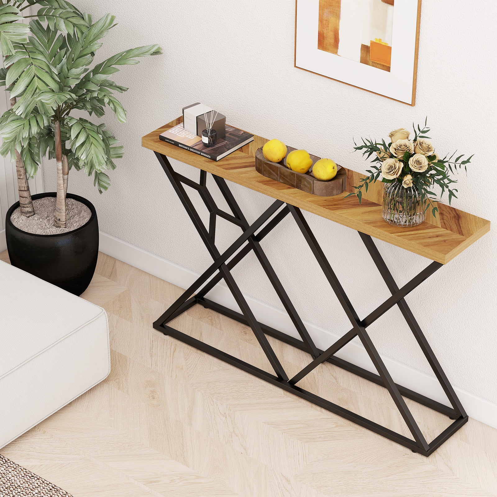 55 Inch Console Table with Solid Metal Frame and Storage, Wood Console Tables at Gallery Canada