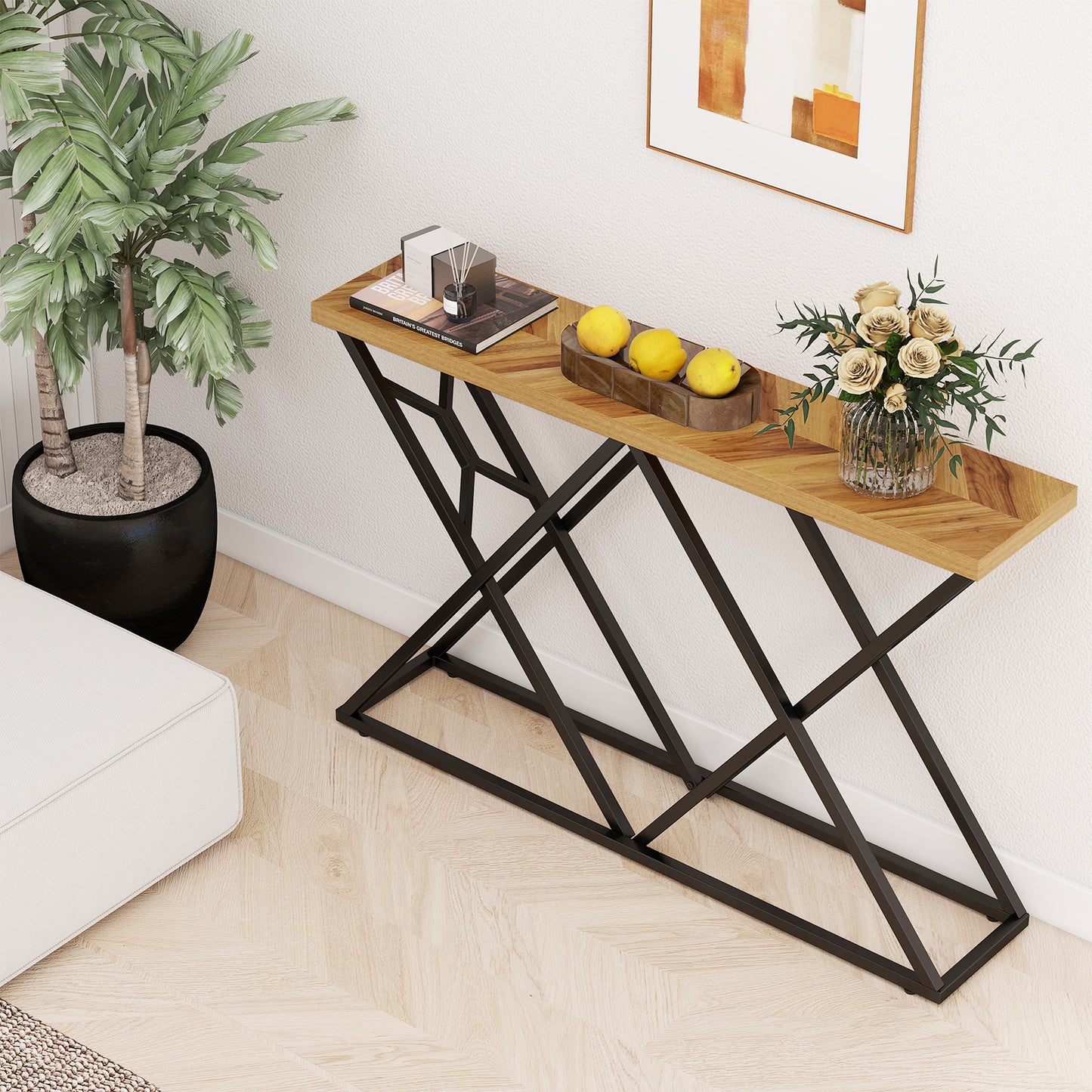 55 Inch Console Table with Solid Metal Frame and Storage, Wood Console Tables at Gallery Canada