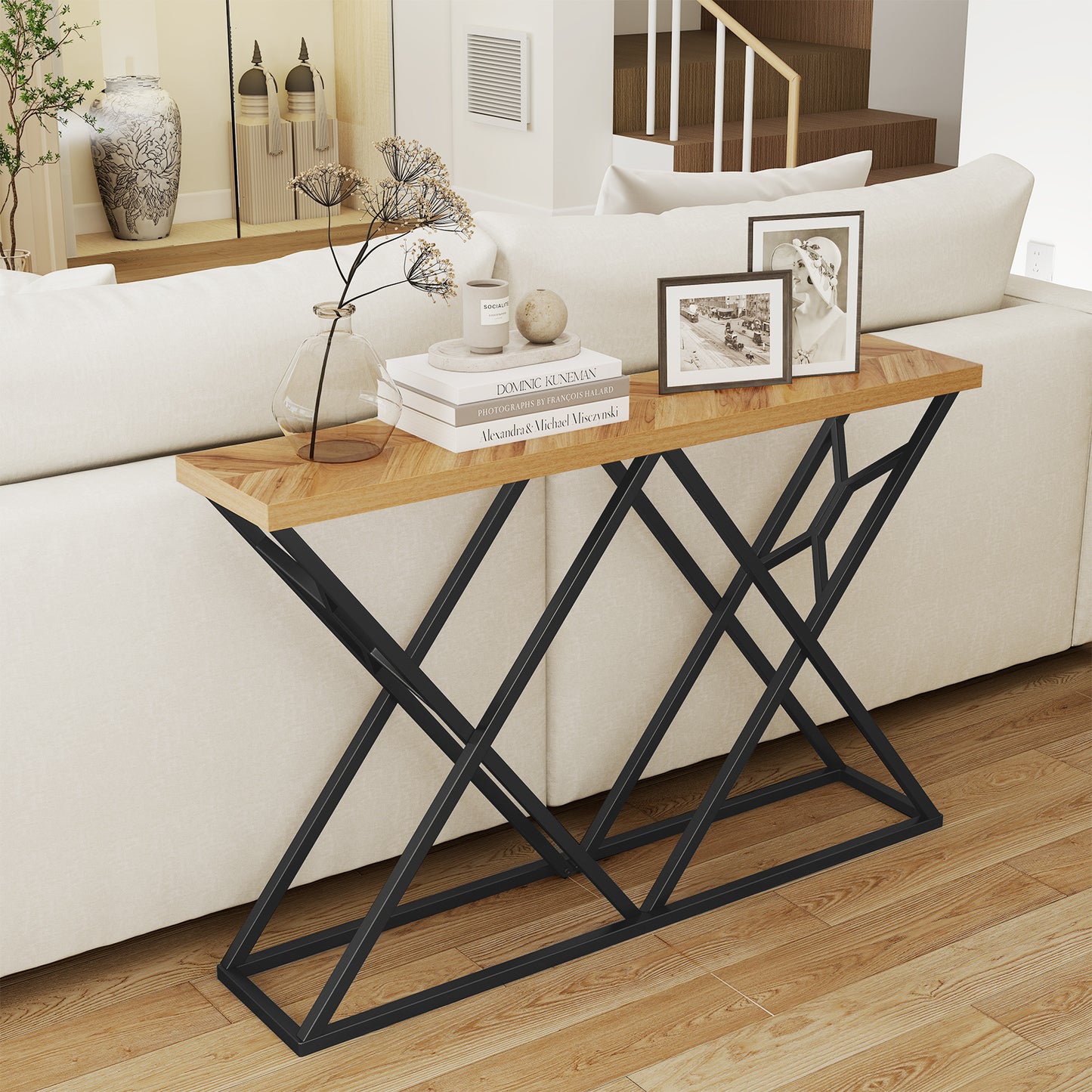 55 Inch Console Table with Solid Metal Frame and Storage, Wood Console Tables at Gallery Canada