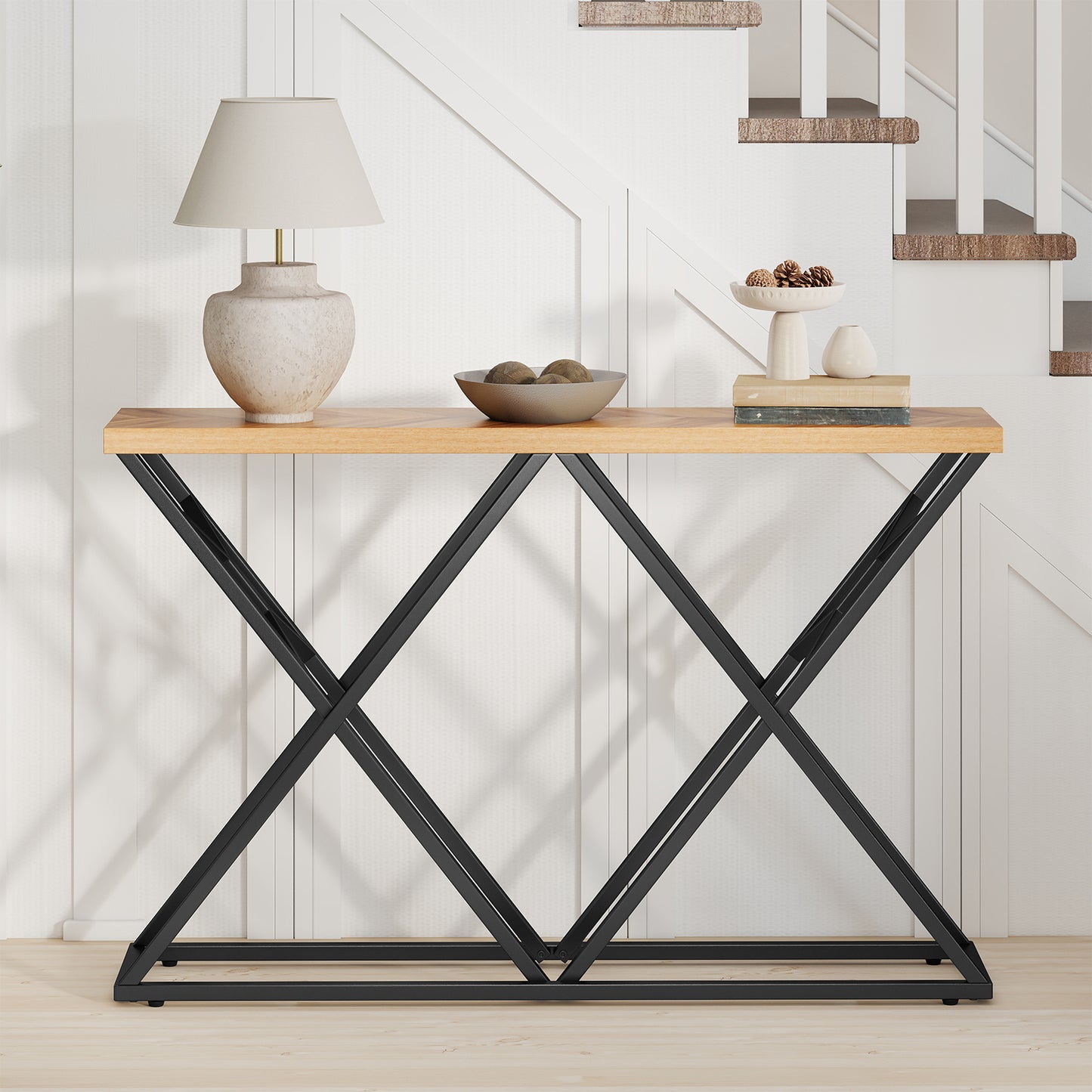 55 Inch Console Table with Solid Metal Frame and Storage, Wood Console Tables at Gallery Canada