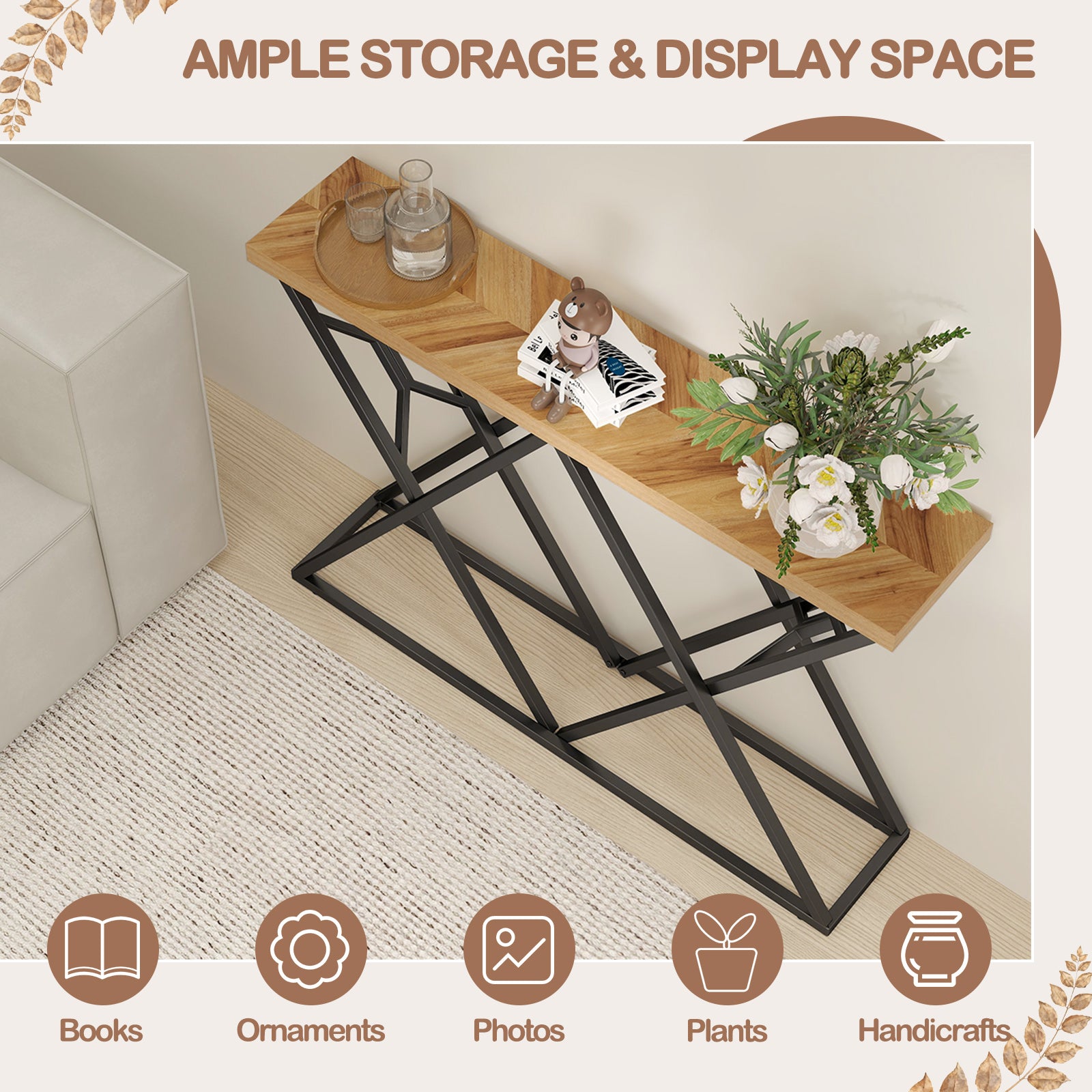 55 Inch Console Table with Solid Metal Frame and Storage, Wood Console Tables at Gallery Canada