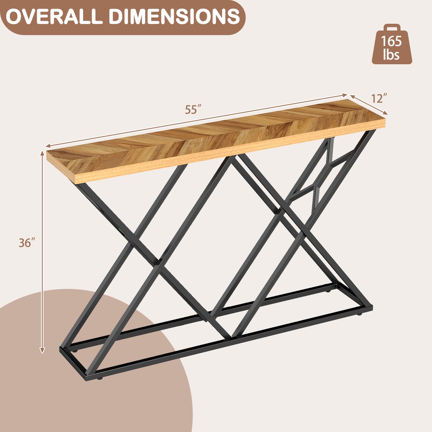 55 Inch Console Table with Solid Metal Frame and Storage, Wood Console Tables at Gallery Canada