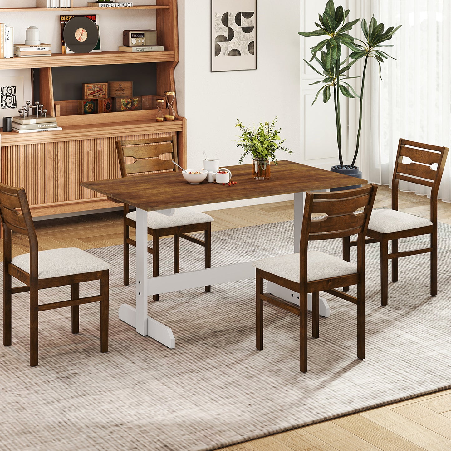 55 Inch Dining Table for 4-6 People Rectangular Kitchen Table with Solid Wood Trestle Base, Walnut