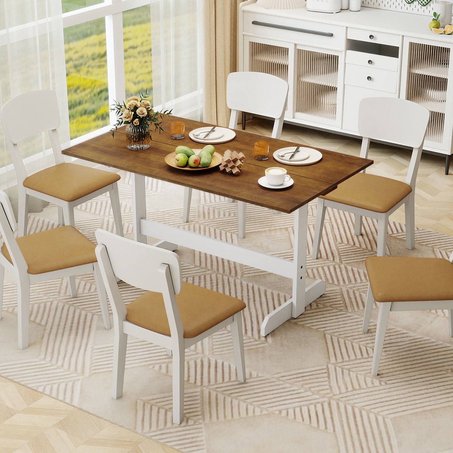 55 Inch Dining Table for 4-6 People Rectangular Kitchen Table with Solid Wood Trestle Base, Walnut