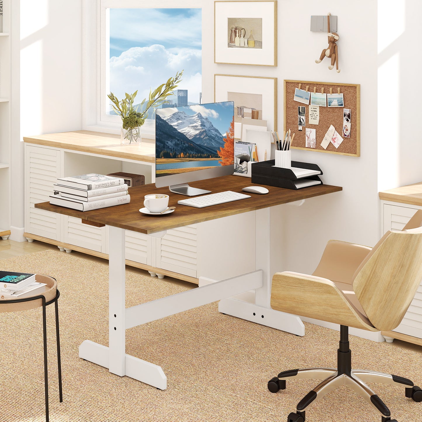 55 Inch Dining Table for 4-6 People Rectangular Kitchen Table with Solid Wood Trestle Base, Walnut