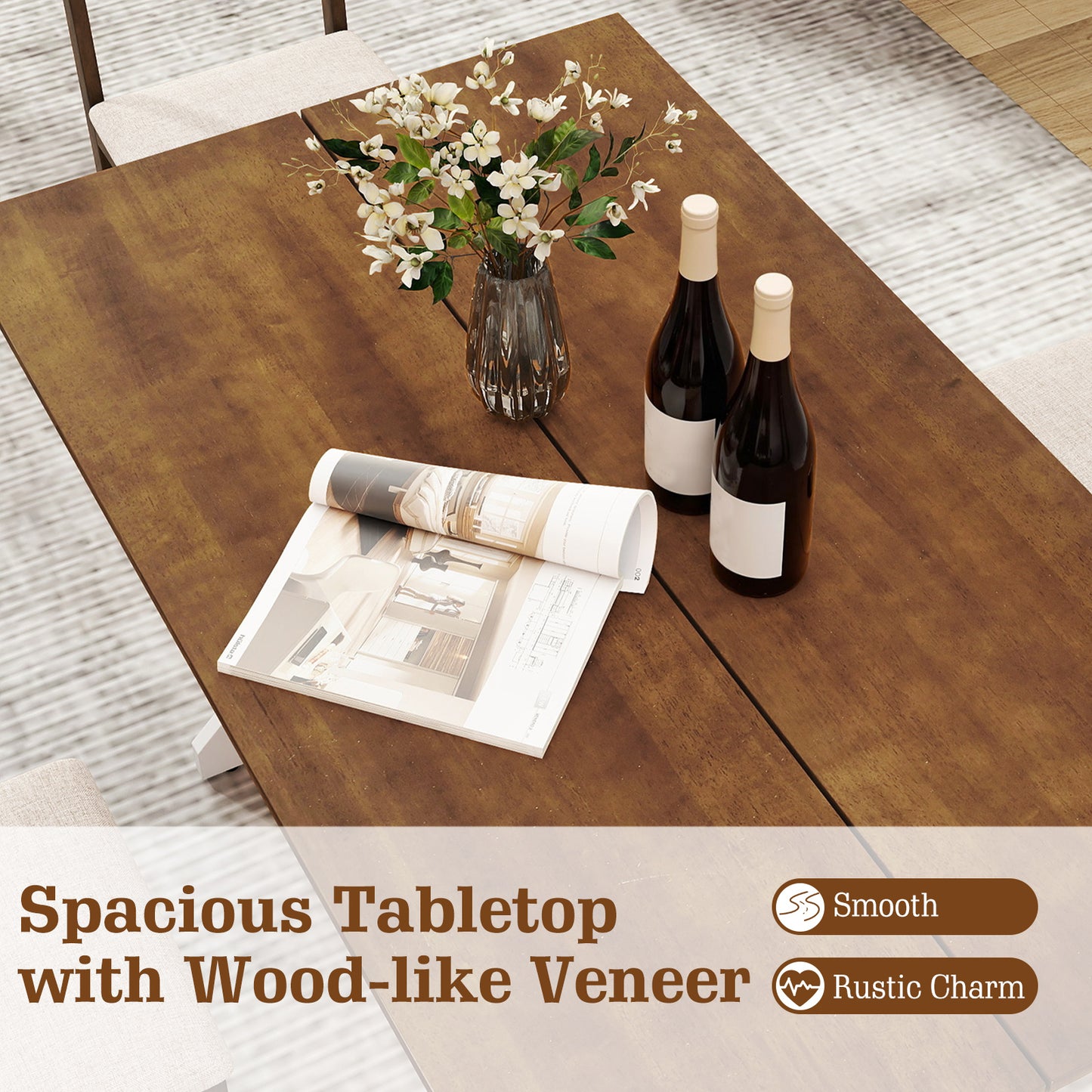 55 Inch Dining Table for 4-6 People Rectangular Kitchen Table with Solid Wood Trestle Base, Walnut