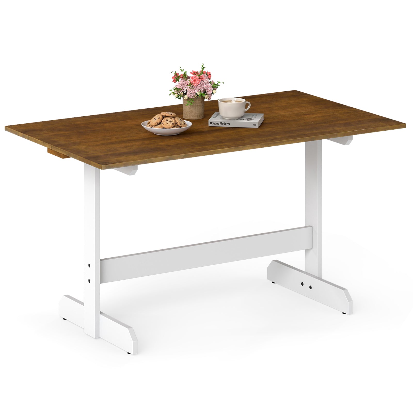 55 Inch Dining Table for 4-6 People Rectangular Kitchen Table with Solid Wood Trestle Base, Walnut Dining Tables at Gallery Canada