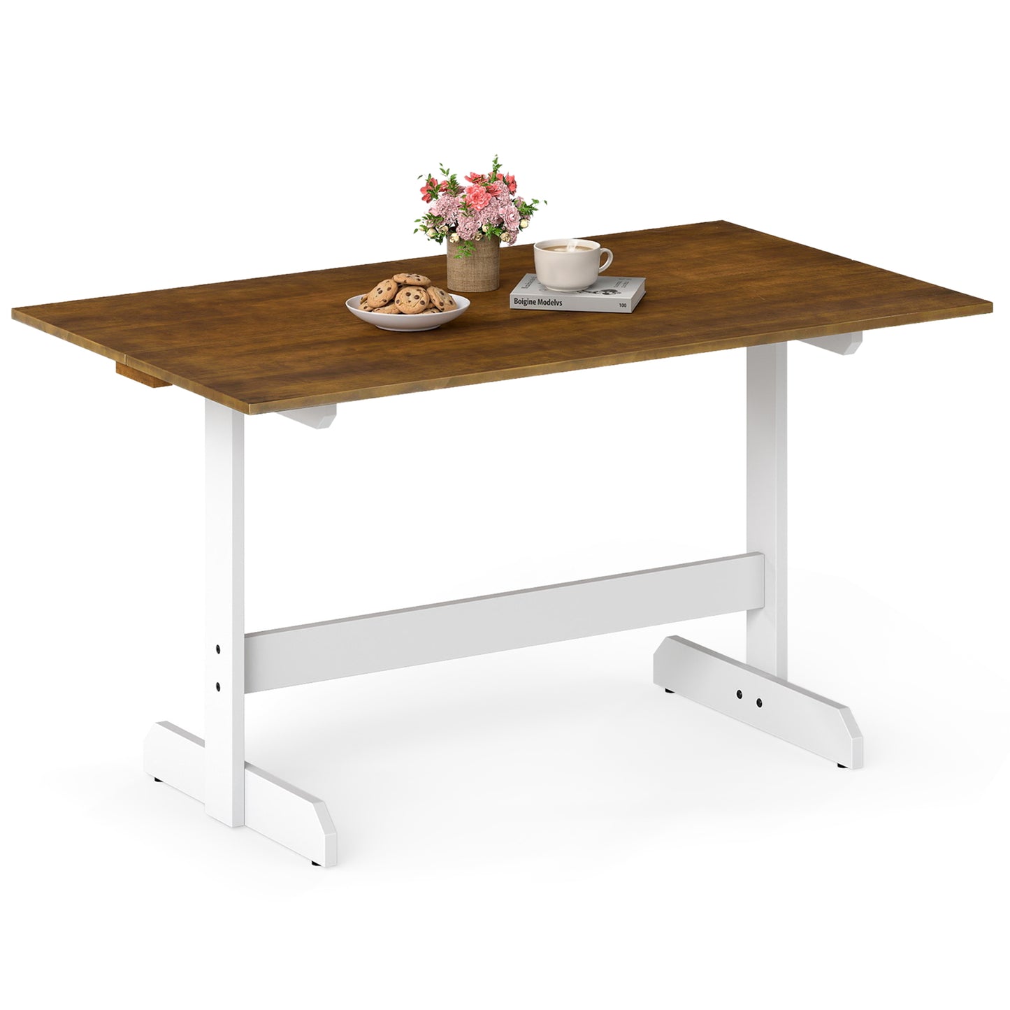 55 Inch Dining Table for 4-6 People Rectangular Kitchen Table with Solid Wood Trestle Base, Walnut Dining Tables at Gallery Canada