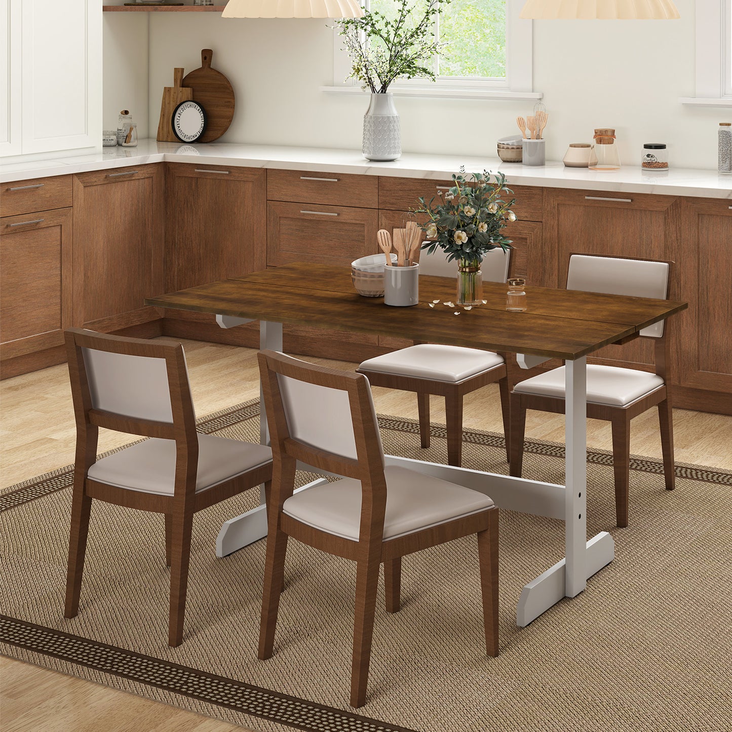 55 Inch Dining Table for 4-6 People Rectangular Kitchen Table with Solid Wood Trestle Base, Walnut Dining Tables at Gallery Canada