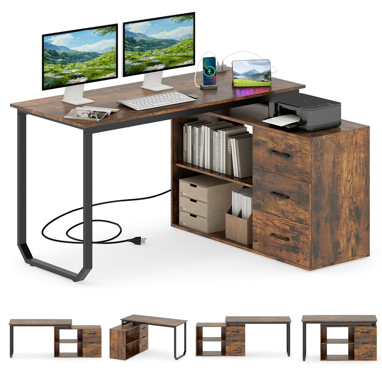 55 Inch Reversible L Shaped Desk with 3 Drawers Home Office Desk with Adjustable Shelf, Rustic Brown L-Shaped Desks at Gallery Canada
