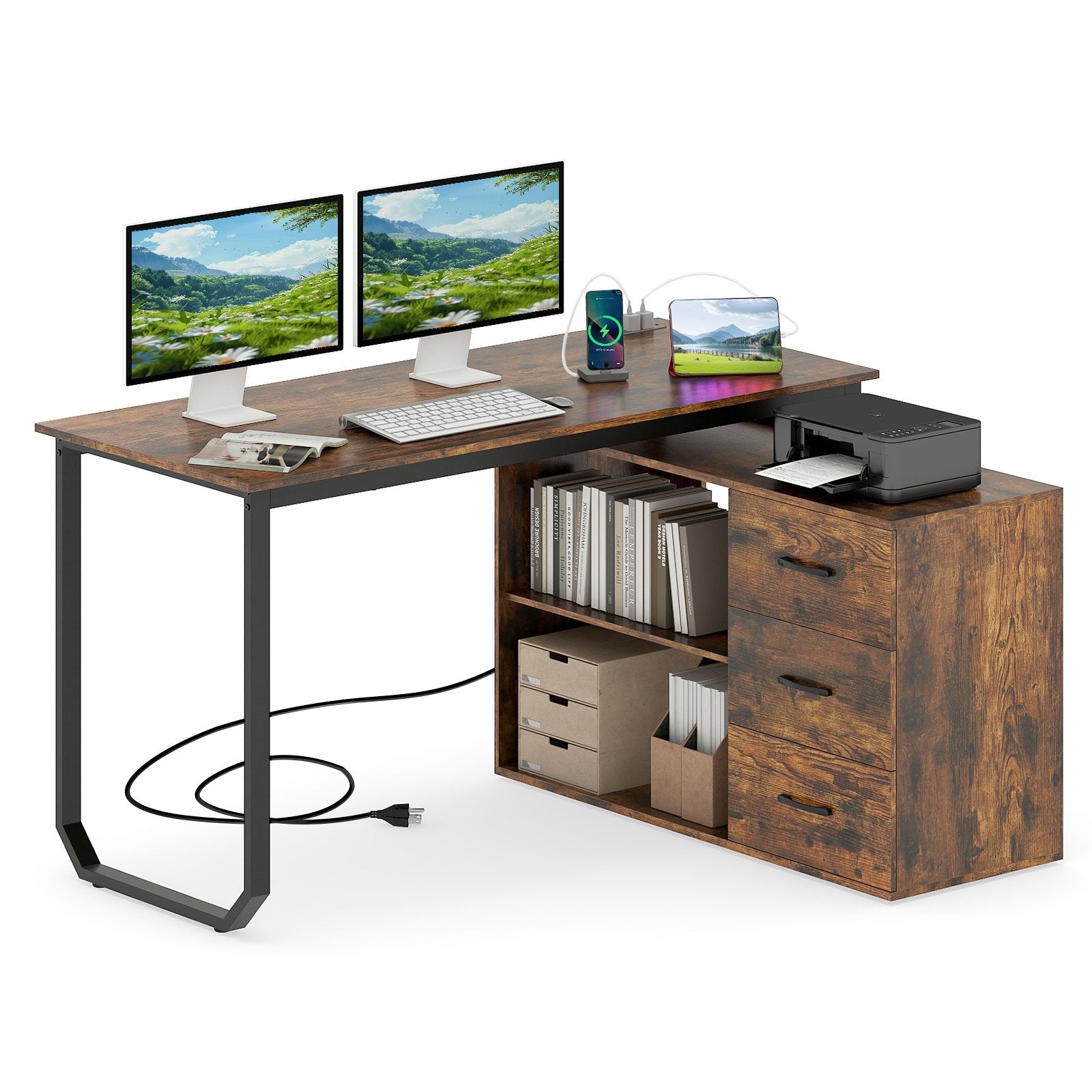 55 Inch Reversible L Shaped Desk with 3 Drawers Home Office Desk with Adjustable Shelf, Rustic Brown L-Shaped Desks Rustic Brown at Gallery Canada
