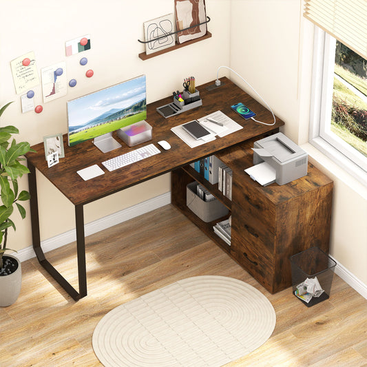 55 Inch Reversible L Shaped Desk with 3 Drawers Home Office Desk with Adjustable Shelf, Rustic Brown L-Shaped Desks Rustic Brown at Gallery Canada