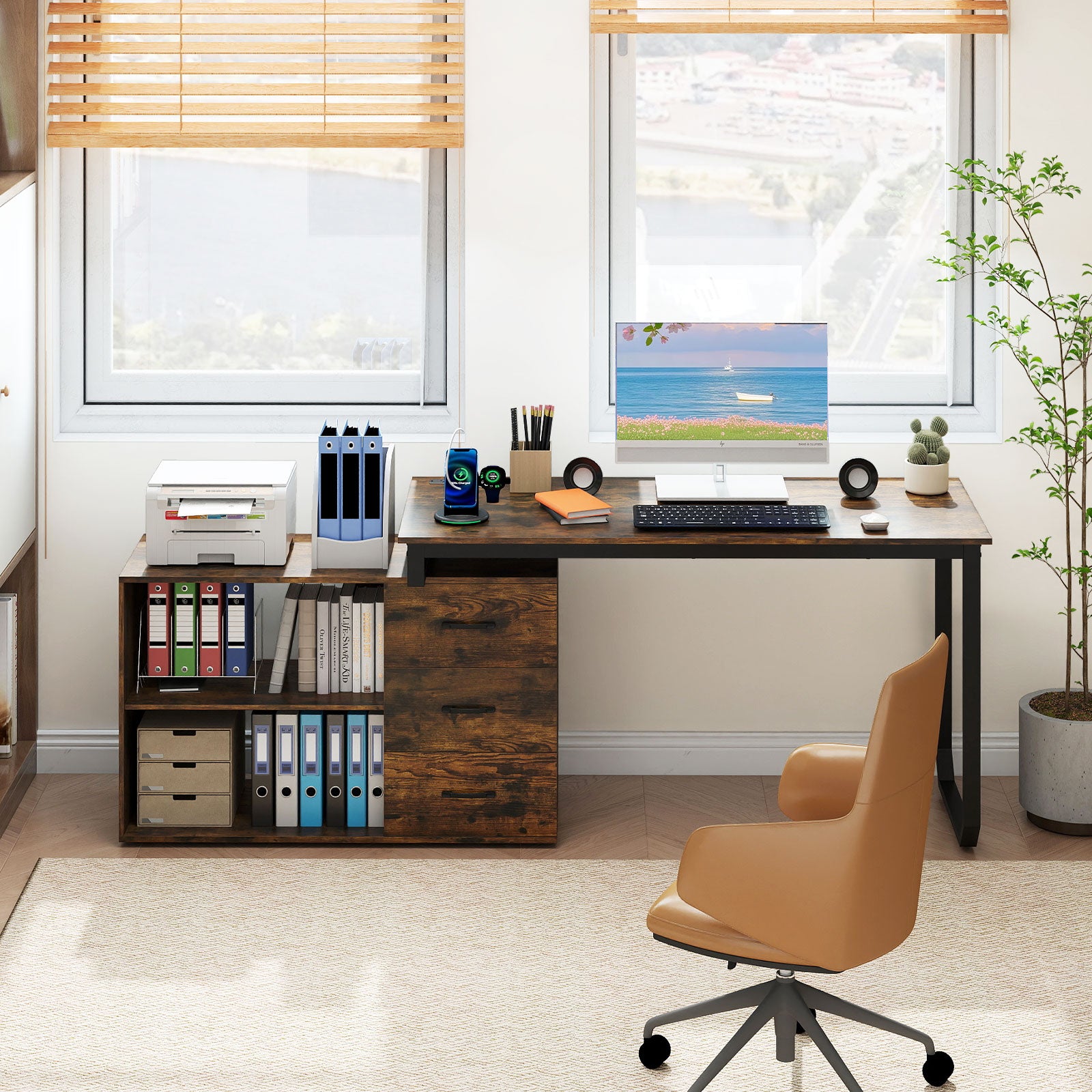55 Inch Reversible L Shaped Desk with 3 Drawers Home Office Desk with Adjustable Shelf, Rustic Brown L-Shaped Desks at Gallery Canada