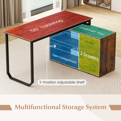 55 Inch Reversible L Shaped Desk with 3 Drawers Home Office Desk with Adjustable Shelf, Rustic Brown L-Shaped Desks at Gallery Canada