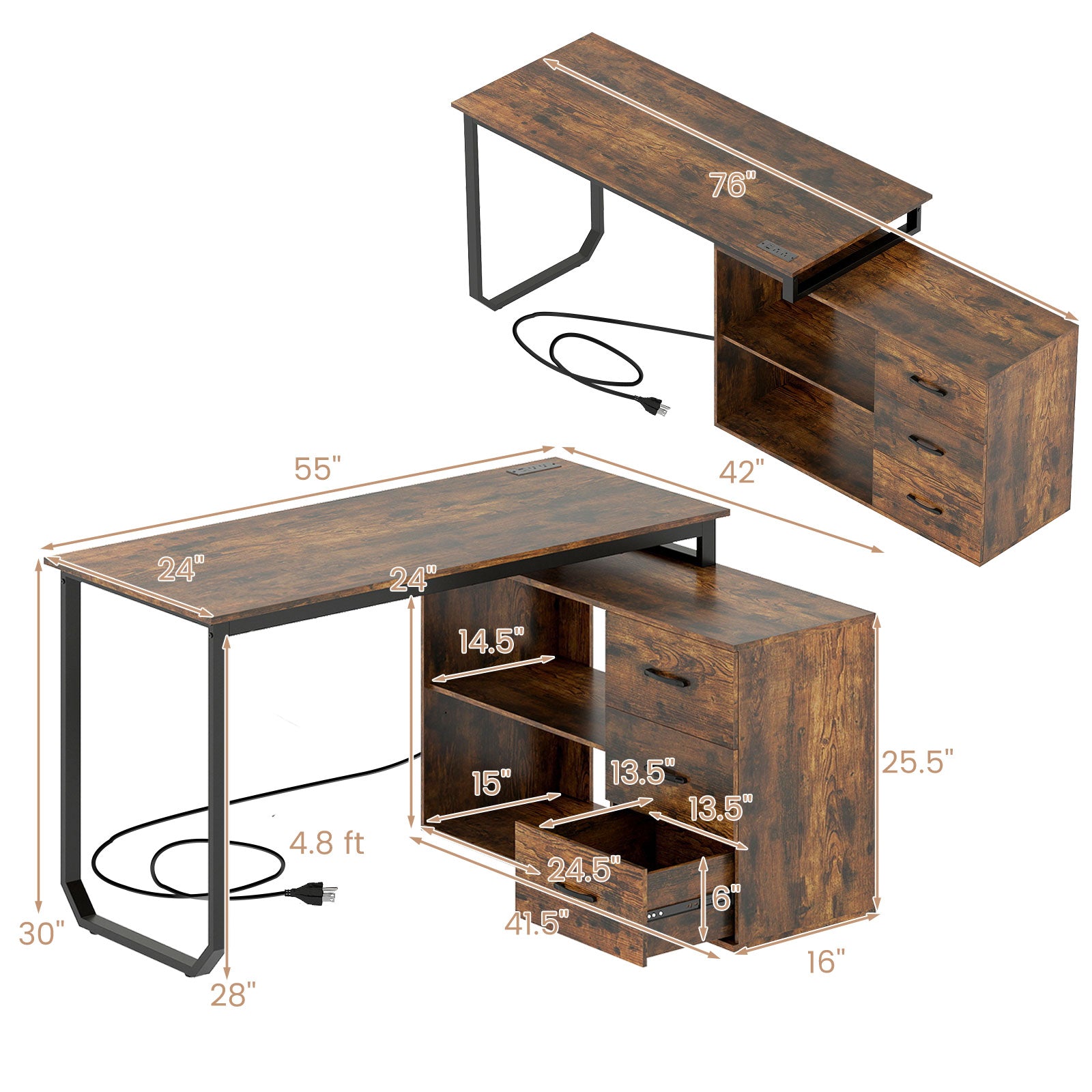 55 Inch Reversible L Shaped Desk with 3 Drawers Home Office Desk with Adjustable Shelf, Rustic Brown L-Shaped Desks at Gallery Canada